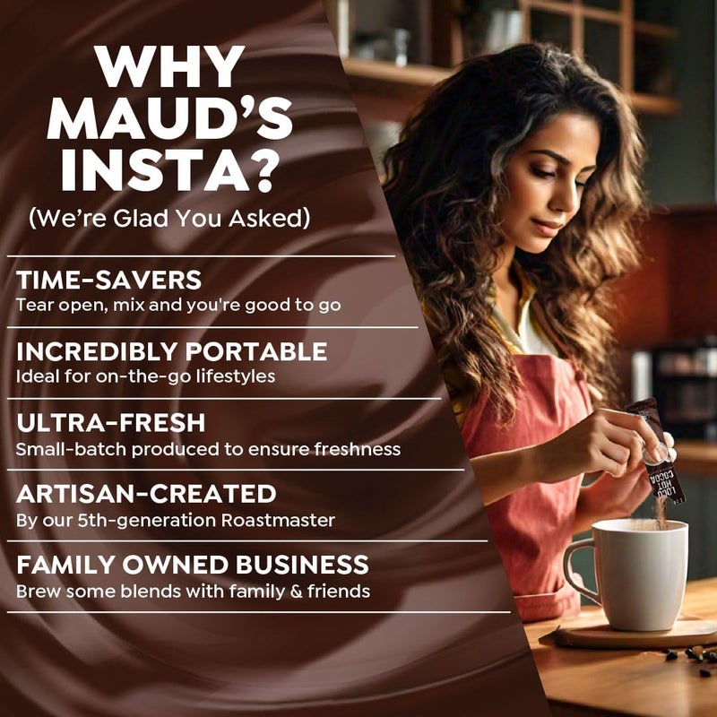 Maud's Dark Hot Chocolate Instant Packets, 16 ct, Instant Hot or Iced Chocolate - Just add water - Image 4